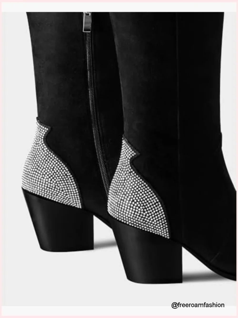 Over The Knee Cowgirl Boots with Rhinestone - Pointed Toe Chunky Heel Side